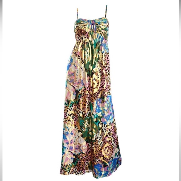 VTG Oleg Cassini NWT Leopard Floral Metallic Empire Waist Maxi Sundress - Picture 2 of 16